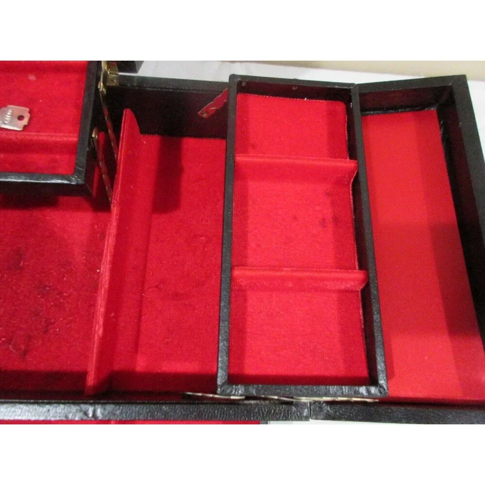 Vtg, Black Faux Leather Mell MCM Jewelry Box Red Velvet 25+Piece Tiered with KEY